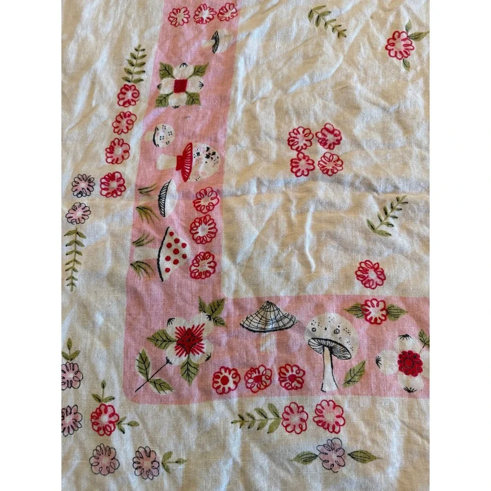 Vintage table cloth. Pink. Mushrooms